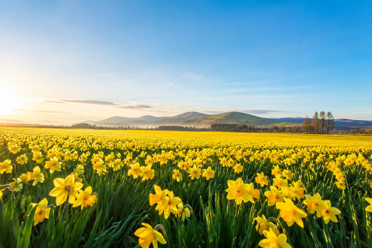 Expansive daffodil field in bloom with soft hills, spring landscape scene.