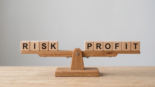 Risk and profit wooden scales, financial balance concept with wood blocks, business investment stability on neutral background