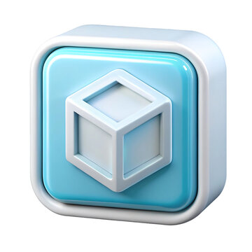 Glossy blue button with a white cube icon isolated on transparent background