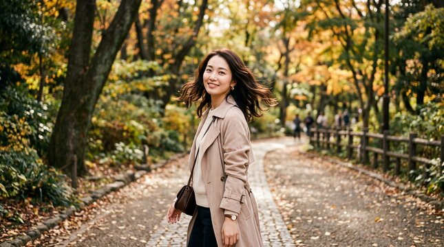Smiling young Japanese woman wearing a stylish beige trench coat walks through a scenic park filled with vibrant golden autumn leaves during a beautiful afternoon stroll