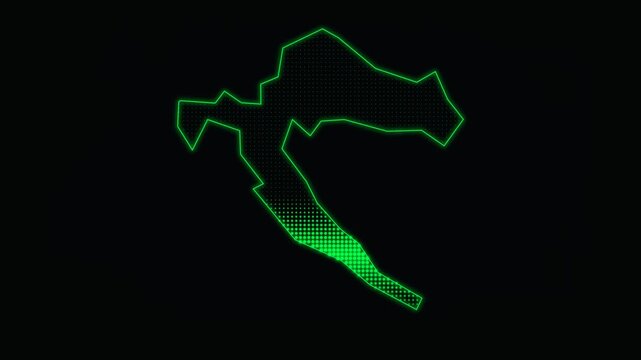 Green neon map outline of Croatia, glowing digital country border on black background, futuristic tech cartography animation