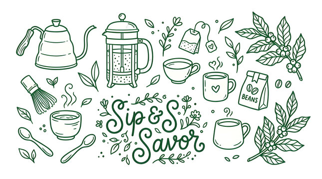 Hand-drawn coffee and tea set icons with steam and herbal leaves illustration