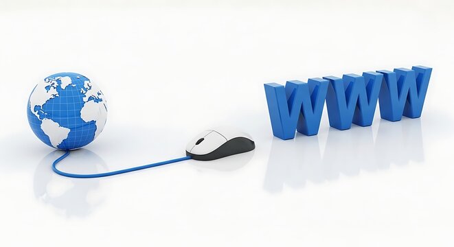 A blue earth globe connected to a computer mouse and the letters www representing global internet connectivity with internet