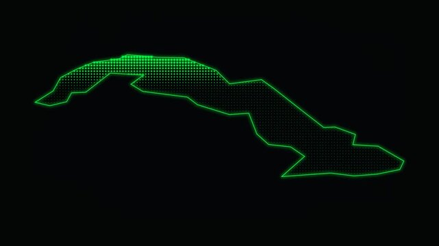 Digital Cuba map outline with green neon glow. Futuristic Caribbean island silhouette on black background. Cyberpunk geographic data visualization.