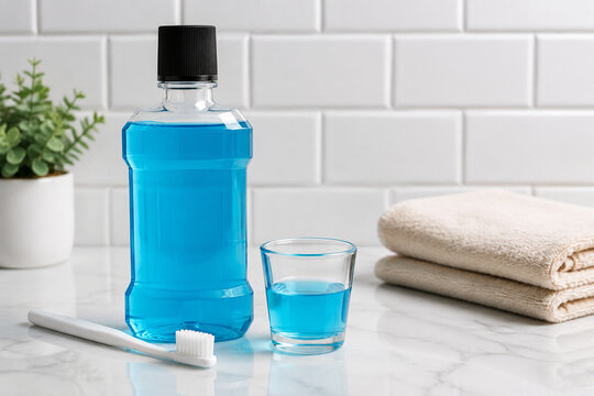Blue mouthwash in clear glass bottle with small glass cup and toothbrush on white bathroom counter, folded beige towel, oral hygiene concept.