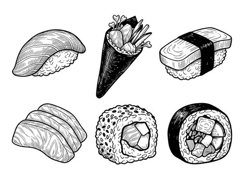 Sushi set, nigiri temaki tamago sashimi uramaki futomaki, hand drawn doodle illustration on white