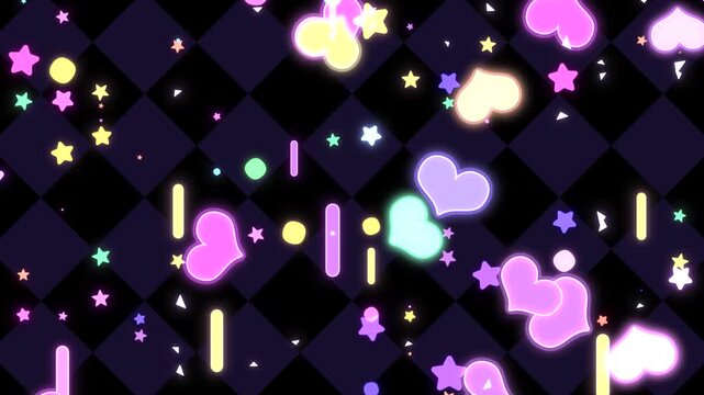 Neon hearts, stars, circles, and rounded lines flying up against checkered background animation. (loop)