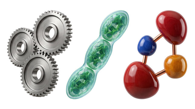 Industrial steel gears and biological cell structure, colorful molecular model, concept of science and engineering isolated PNG with Transparent Background