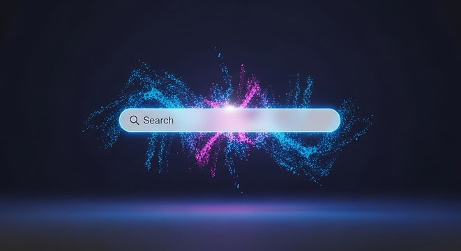 A glowing search bar floating amidst colorful digital particles representing internet search engine technology with internet