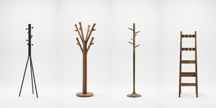 Four various freestanding coat stands arranged on a white background