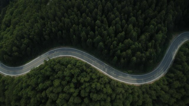 Aerial view of winding road through dense green forest showcasing the natural landscape and the curves of the asphalt path in a serene environment