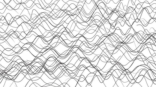 Minimalist abstract wavy lines pattern, black hand drawn squiggles on white background, chaotic linear texture for modern web design