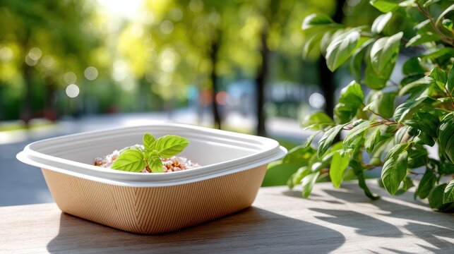 Insulated takeaway food container with fresh basil garnish on a wooden table outdoors for eco-friendly picnic meal prep, thermal food delivery mockup and sustainable catering presentation