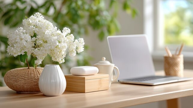 Serene desk with laptop and white flowers in vase for lifestyle workspace imagery, remote work mockup, product display, calming home office hero header and marketing visual
