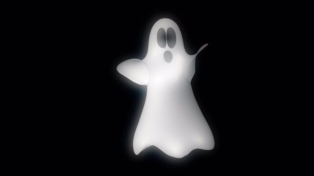 Animated white ghost character dancing on black background with glowing ethereal effect. Spooky spirit figure moving rhythmically for Halloween party celebration. Alpha channel.