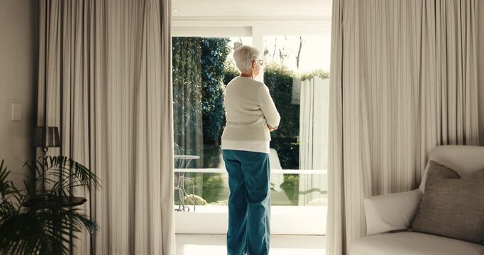 Thinking, calm or old woman at window with inspiration, daydreaming or memory in chill mindset. Retirement, back and elderly person with reflection, flashback and peaceful perspective in home.