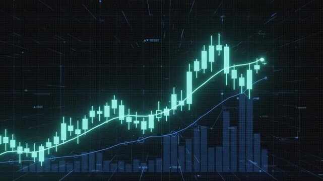 Glowing financial stock market candlestick chart showing upward growth trend on dark grid