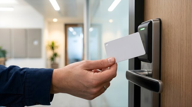 Hand holding blank keycard to unlock office door security system