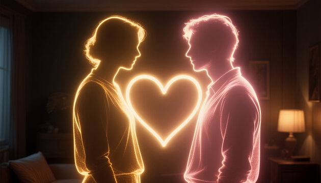 Couple sharing a romantic moment with glowing heart in cozy room  