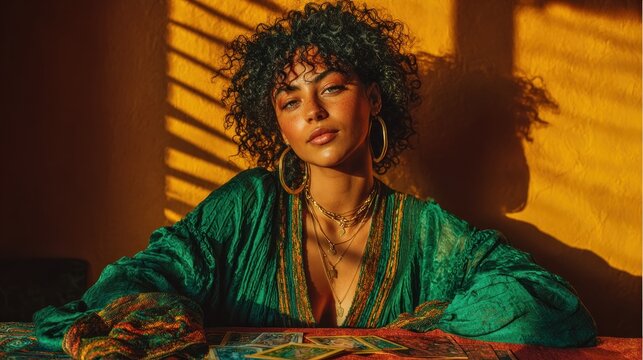 Fortune teller woman with curly hair sitting at a table with a magazine