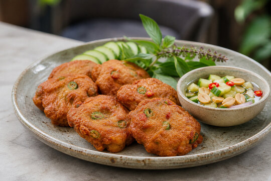 Tod mun pla Thai fish cakes with cucumber peanut relish