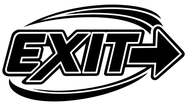 Exit text sign with stylized directional arrow and oval framing graphic direction movement