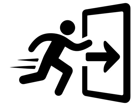 Running silhouette person exiting open door icon with emergency wayfinding pictogram