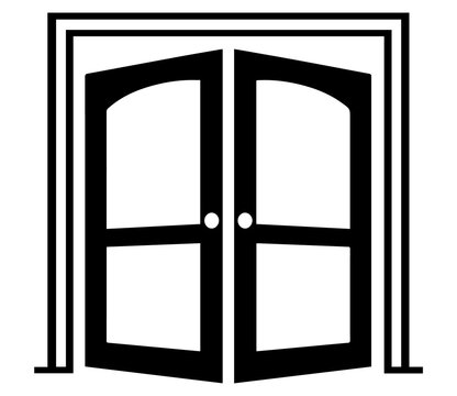 Black and white icon of double french doors with a simple frame entryway entrance