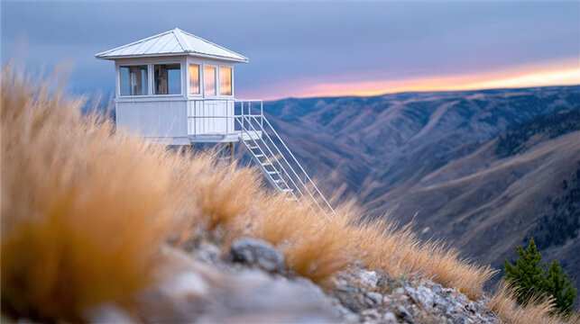 Forest fire watchtower overlooking mountain range at sunset