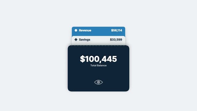 Financial dashboard showing total balance revenue and savings account summary