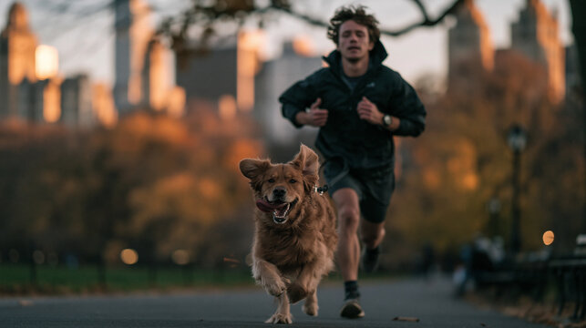 Young Man Running with Golden Retriever Dog in Autumn Park