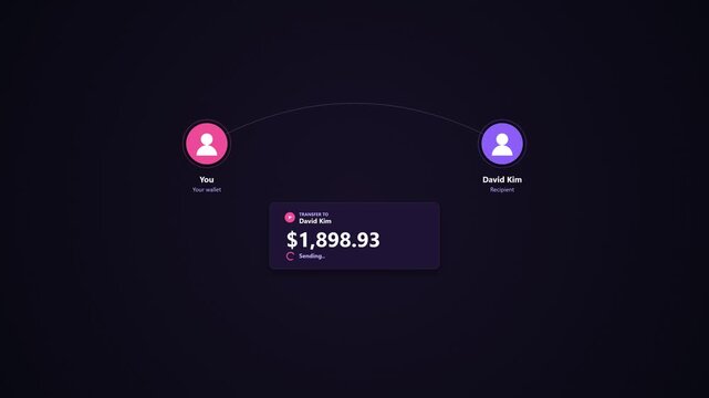digital money transfer process animation showing peer to peer payment UI