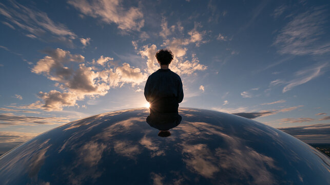 Silhouette of Person Sitting on Reflective Sphere at Sunset