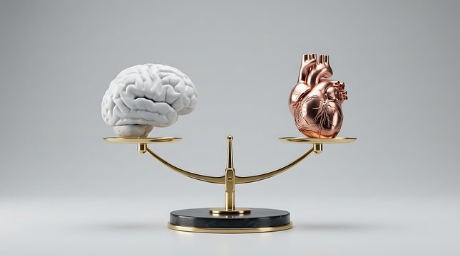 Conceptual balance scale weighing a human brain against a metallic anatomical heart on grey background