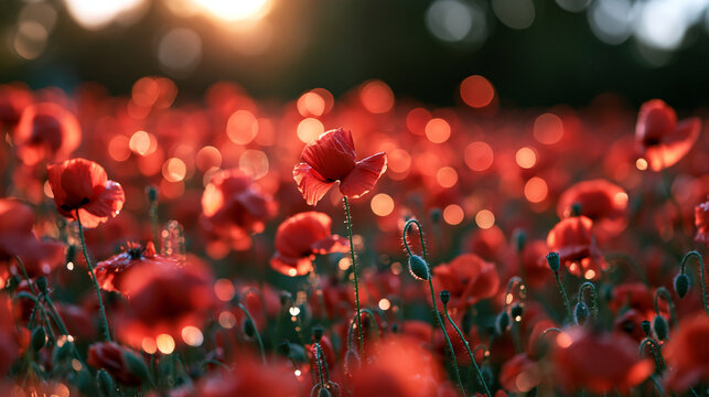 Red Poppy Field at Sunset with Glowing Bokeh Effect