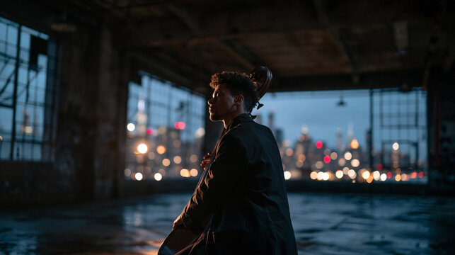 Cellist Playing Cello in Industrial Loft Overlooking City Skyline