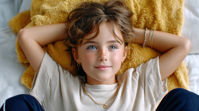 Young girl lying back on yellow towel with arms behind head relaxed on bed or couch indoors in soft daylight with calm expression and casual clothing