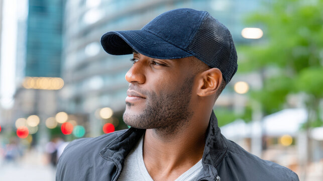 Man wearing mesh baseball cap gazing sideways on city street with bokeh traffic lights and glass buildings in background wearing light shirt and dark jacket