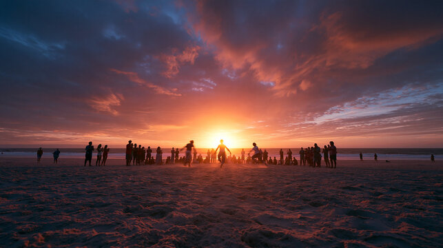 Silhouettes Dancing on Beach at Dramatic Sunset