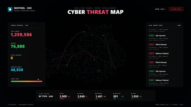 Cyber threat map displaying global network security vulnerabilities and digital attack data
