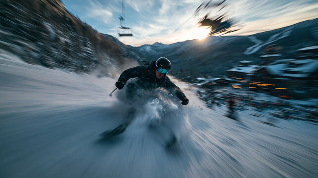 Skier Carving Down Snowy Mountain Slope at High Speed