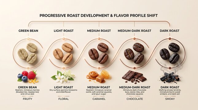 An infographic illustrating the progressive roast development of coffee beans and the corresponding shift in flavor profiles from fruity green beans to smoky dark roasts.