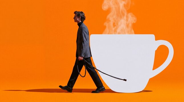 Man Walking Giant Steaming Coffee Cup on Leash