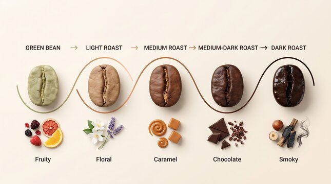 Visual guide to coffee bean roasting stages and their corresponding flavor profiles.