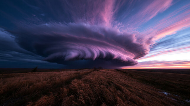 Massive Supercell Storm Cloud Rotating Over Prairie Field at Sunset