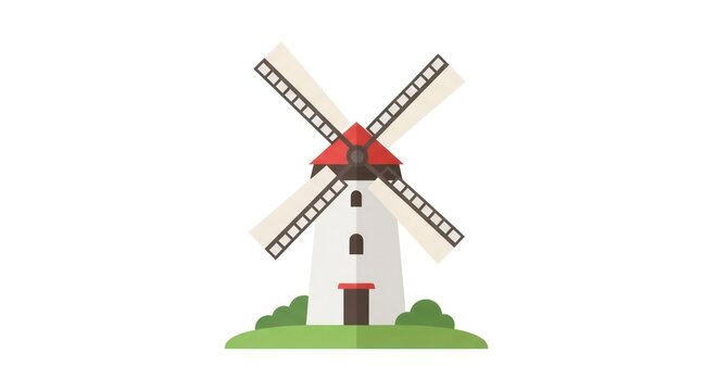 Traditional Dutch windmill with red roof and white sails, set against a clean white background with green bushes.