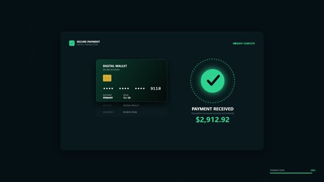 Digital payment processing interface with credit card and success animation