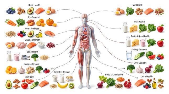 Infographic illustrating the relationship between various food groups and their benefits for different parts of the human body and overall health, promoting a balanced diet.