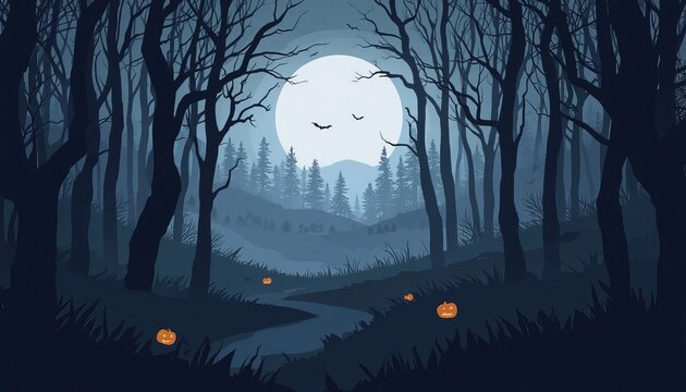 A spooky dark forest scene featuring a glowing full moon as a perfect halloween background image