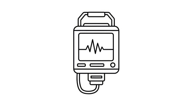 Medical ECG monitor, electrocardiogram device icon, heart rhythm, healthcare technology, line art illustration